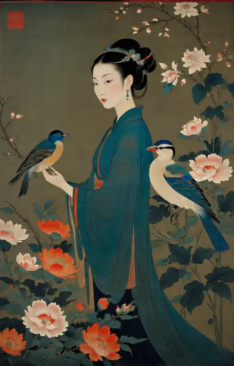 Bauhaus-Style Poster, (a beautiful woman, Song Dynasty flower and bird painting), Suburban Gothic aesthetics, iridescent colors, stunning background. dark and moody, a mesmerizing blend of light and shadow. masterpiece, absurdres, intricate details <lora:Song Dynasty Flower-and-Bird Paintings:0.75>, simple geometric shapes, clean lines, primary colors, Bauhaus-Style Poster