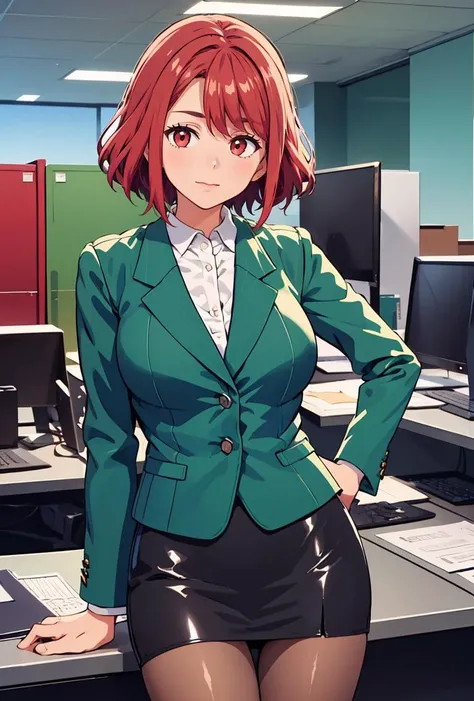 (masterpiece, best quality), 1girl, <lora:SoukoSouma:0.8> SoukoSouma, 1girl, solo, short hair, red hair, red eyes, green jacket, white shirt, striped, formal, suit, pencil skirt, large breasts, pantyhose, office lady, skirt suit,
