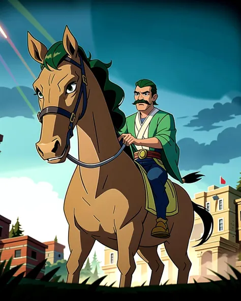 ((masterpiece), best quality, high quality, professional quality, highly detailed, highres, perfect lighting, natural lighting), (1boy, slender, handsome, mustache, short hair, green hair), wearing wizard robes, riding a horse, on a battlefield