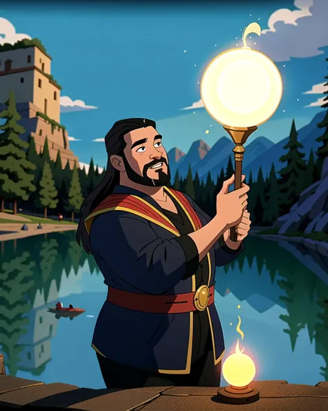 ((masterpiece), best quality, high quality, professional quality, highly detailed, highres, perfect lighting, natural lighting), (1boy, overweight, handsome, no facial hair, long hair, black hair), wearing fantasy clothing, casting a spell, by a lake