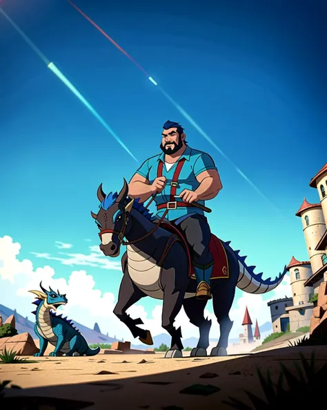 ((masterpiece), best quality, high quality, professional quality, highly detailed, highres, perfect lighting, natural lighting), (1boy, overweight, handsome, no facial hair, short hair, blue hair), wearing fantasy clothing, riding a dragon, on a battlefield