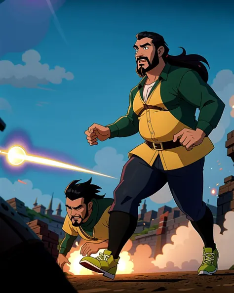 ((masterpiece), best quality, high quality, professional quality, highly detailed, highres, perfect lighting, natural lighting), (1boy, overweight, handsome, goatee, long hair, black hair), wearing fantasy clothing, running, on a battlefield
