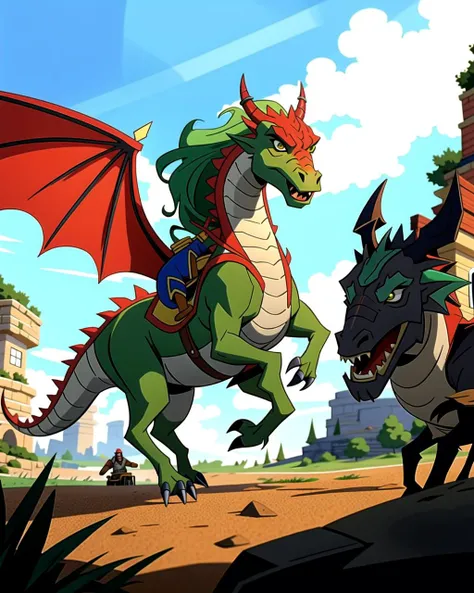 ((masterpiece), best quality, high quality, professional quality, highly detailed, highres, perfect lighting, natural lighting), (1boy, muscular, handsome, goatee, long hair, green hair), wearing fantasy clothing, riding a dragon, on a battlefield