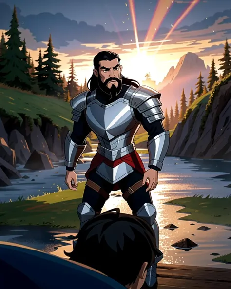 ((masterpiece), best quality, high quality, professional quality, highly detailed, highres, perfect lighting, natural lighting), (1boy, slender, handsome, long beard, long hair, black hair), wearing armor, fighting, by a lake