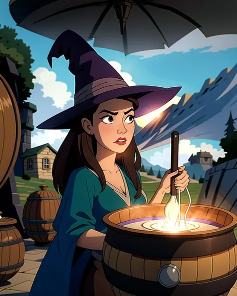 ((masterpiece), best quality, high quality, professional quality, highly detailed, highres, perfect lighting, natural lighting), plain witch, wearing sexy fantasy clothing, concentratingfrowning}, brewing over a cauldron