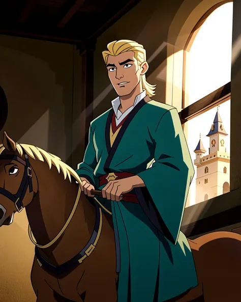 ((masterpiece), best quality, high quality, professional quality, highly detailed, highres, perfect lighting, natural lighting), (1boy, slender, handsome, no facial hair, medium length hair, blonde hair), wearing wizard robes, riding a horse, in a castle