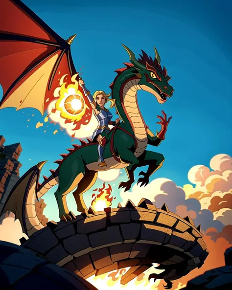 ((masterpiece), best quality, high quality, professional quality, highly detailed, highres, perfect lighting, natural lighting), golden dragon, (1girl, wearing armor, sitting on dragon, dragon rider, holding weapon), flying, flames, magic, clouds, sun in background