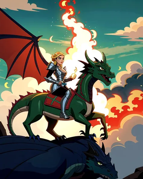 ((masterpiece), best quality, high quality, professional quality, highly detailed, highres, perfect lighting, natural lighting), green dragon, (1girl, wearing armor, sitting on dragon, dragon rider, holding weapon), flying, flames, magic, clouds, sun in background