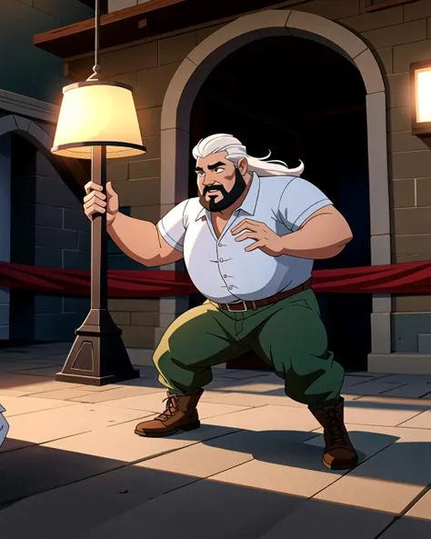 ((masterpiece), best quality, high quality, professional quality, highly detailed, highres, perfect lighting, natural lighting), (1boy, overweight, handsome, long beard, medium length hair, white hair), wearing fantasy clothing, fighting, in a fantasy town