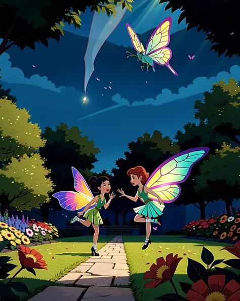 ((masterpiece), best quality, high quality, professional quality, highly detailed, highres, perfect lighting, natural lighting), group of fairies, butterfly wings, translucent wings, flying, magical garden