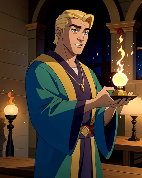 ((masterpiece), best quality, high quality, professional quality, highly detailed, highres, perfect lighting, natural lighting), (1boy, slender, handsome, no facial hair, short hair, blonde hair), wearing wizard robes, casting a spell, in a fantasy town