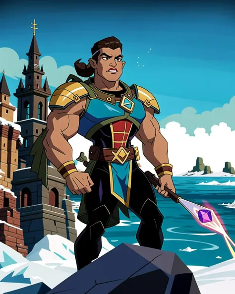 ((masterpiece), best quality, high quality, professional quality, highly detailed, highres, perfect lighting, natural lighting), Assassin, Ace, Average Height, Muscular, Diamond-Shaped Face, Fair Skin, Dark Brown Hair, dark brown Eyes, Long Nose, Thick Lips, Round Chin, Ducktail, Long, Afro, A sprawling castle, perched high on a rocky cliff overlooking the sea,eldritch, Preserved being wrapped in ancient cloth, Olive Skin, Blonde with shoulder-length hair, violet stain lipstick, A solitary figure standing in front of a sinister, ancient symbol, gargoyle, basilisk,ruinous, interstellar spaceship, A world rich in exotic minerals and rare elements, attracting prospectors and miners from across the galaxy., Ice Planet, gargoyle, centaur, basilisk