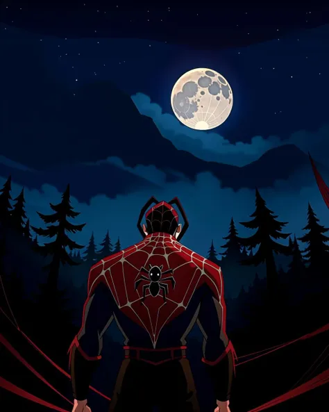 ((masterpiece), best quality, high quality, professional quality, highly detailed, highres, perfect lighting, natural lighting), giant spider, weaving web, between two trees, at night, moonlight, terrifying, horror theme