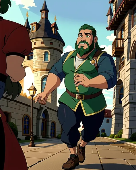 ((masterpiece), best quality, high quality, professional quality, highly detailed, highres, perfect lighting, natural lighting), (1boy, overweight, handsome, long beard, medium length hair, green hair), wearing fantasy clothing, running, in a castle