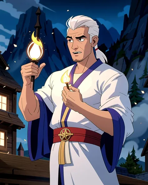 ((masterpiece), best quality, high quality, professional quality, highly detailed, highres, perfect lighting, natural lighting), (1boy, muscular, handsome, no facial hair, medium length hair, white hair), wearing wizard robes, casting a spell, in a fantasy town