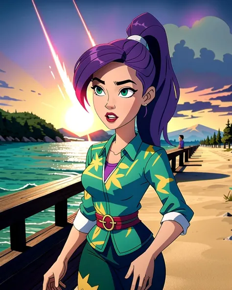 ((masterpiece), best quality, high quality, professional quality, highly detailed, highres, perfect lighting, natural lighting), (1girl, beautiful, medium breasts, (multicolored hair, purple hair,green hair,silver hair, long hair, high ponytail), perfecteyes eyes), (wearing leather texture print, extremelyBeautiful_beautifulclotheswild/Extremely beautiful clothes), on the beach, walking the boardwalk, <lyco:locon_perfecteyes_v1_from_v1_64_32:0.6>