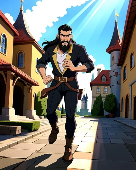 ((masterpiece), best quality, high quality, professional quality, highly detailed, highres, perfect lighting, natural lighting), (1boy, slender, handsome, long beard, medium length hair, black hair), wearing fantasy clothing, running, in a castle