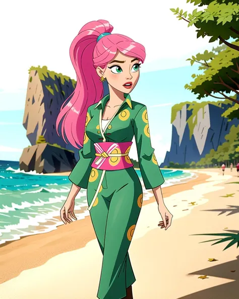 ((masterpiece), best quality, high quality, professional quality, highly detailed, highres, perfect lighting, natural lighting), (1girl, beautiful, medium breasts, (multicolored hair, green hair,pink hair,blonde hair, long hair, high ponytail), perfecteyes eyes), (wearing stone texture print, extremelyBeautiful_beautifulclotheswild/Extremely beautiful clothes), on the beach, walking the boardwalk, <lyco:locon_perfecteyes_v1_from_v1_64_32:0.6>