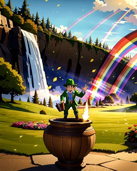 ((masterpiece), best quality, high quality, professional quality, highly detailed, highres, perfect lighting, natural lighting), leprechaun, hopping, on rainbow, holding pot of gold