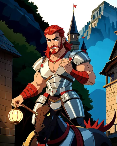 ((masterpiece), best quality, high quality, professional quality, highly detailed, highres, perfect lighting, natural lighting), (1boy, muscular, handsome, no facial hair, short hair, red hair), wearing armor, riding a dragon, in a castle