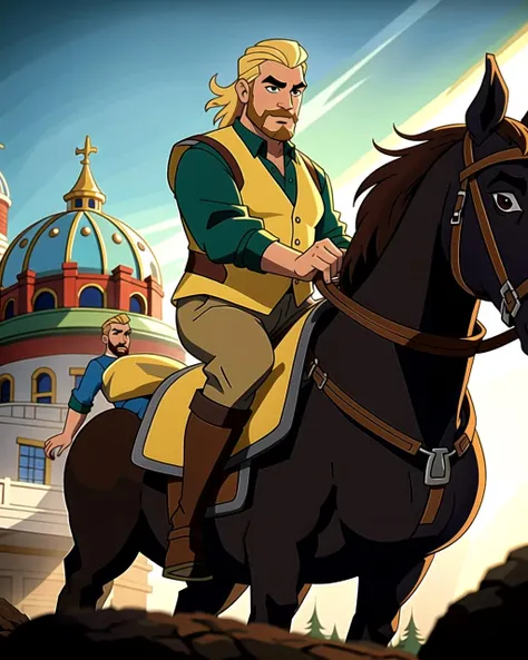 ((masterpiece), best quality, high quality, professional quality, highly detailed, highres, perfect lighting, natural lighting), (1boy, overweight, handsome, facial hair, medium length hair, blonde hair), wearing fantasy clothing, riding a horse, outdoors