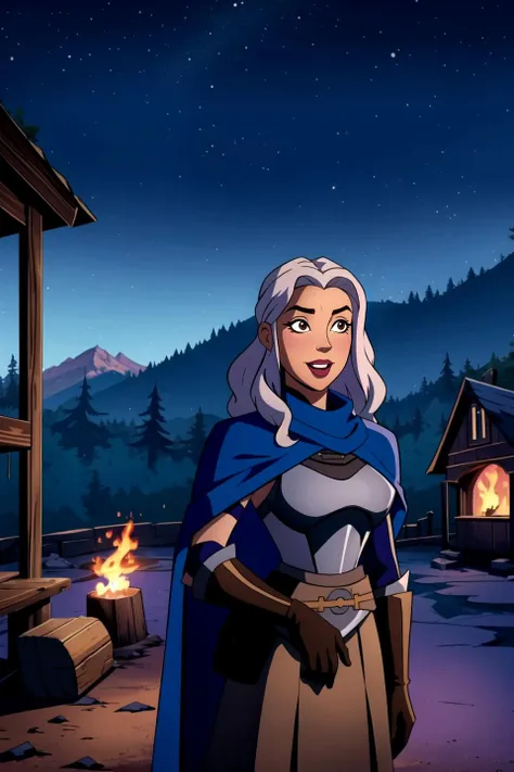 1girl, (upper body illustration:1.1) of a tanned medieval female burglar, silver blue wavy hair, fantasy, outdoors, night, (dusk:0.9), night sky, stars, dark, forest, mountains, wooden building, (bucket:0.6), dirt road, in the background, wearing a cloak and a brown leather jerkin armor, breastplate, gloves, bracers, gorget and skirt, (tattoos:1.05), joyful, (detailed background), (detailed), fantasy, dnd, <lora:castlevania_style_offset:0.65>