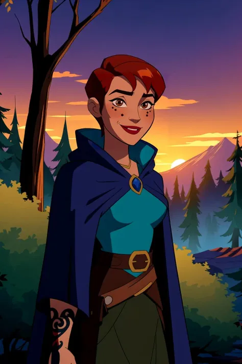 (upper body illustration:1.1) of a tanned fantasy adult female sorcerer, red short hair, fantasy forest in the background, sunset, wearing a cloak and a brown cowboy vest, belts and chausses, (tattoos:1.05), half smile, (detailed background), (detailed), fantasy, dnd, <lora:western_animation_style:0.65>