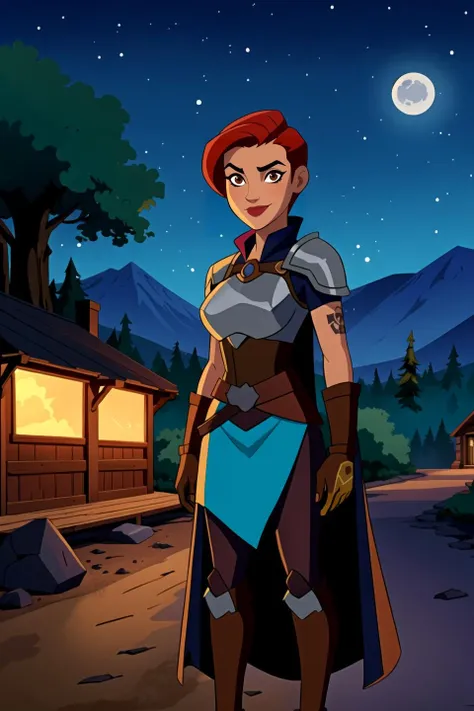 1girl, (upper body illustration:1.1) of a tanned fantasy female mercenary, red short hair, fantasy, outdoors, night, (dusk:0.9), night sky, stars, dark, forest, mountains, wooden building, (bucket:0.6), dirt road, in the background, wearing a cloak and a brown leather jerkin armor, breastplate, gloves, bracers, gorget and skirt, (tattoos:1.05), half smile, (detailed background), (detailed), fantasy, dnd, <lora:vox_machina_style2:0.65>