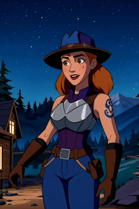 1girl, (upper body illustration:1.1) of a tanned medieval female thief, silver blue wavy hair, fantasy, outdoors, night, (dusk:0.9), night sky, stars, dark, forest, mountains, wooden building, (bucket:0.6), dirt road, in the background, wearing a hat and a brown leather jerkin armor, breastplate, gloves, bracers, gorget and pants, (tattoos:1.05), joyful, (detailed background), (detailed), fantasy, dnd, <lora:dcau_fantasy_offset:0.65>