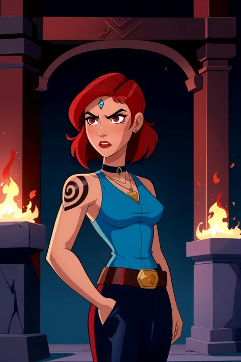 female focus, solo, upper body, 1girl, human, sorceress, (medium breasts:1.1), (muscular, abs, biceps:0.8), (dark skin:1.1), red hair, gradient_hair, (tattoos:1.1), red eyes, eyeshadow, scowling, angry, ruby pendant, circlet, choker, jewelry, top, black pants, belt, indoors, (crystals:0.9), ancient temple, (fire symbol:0.8), stone altar, (runes:1.1), pillars, detailed background,