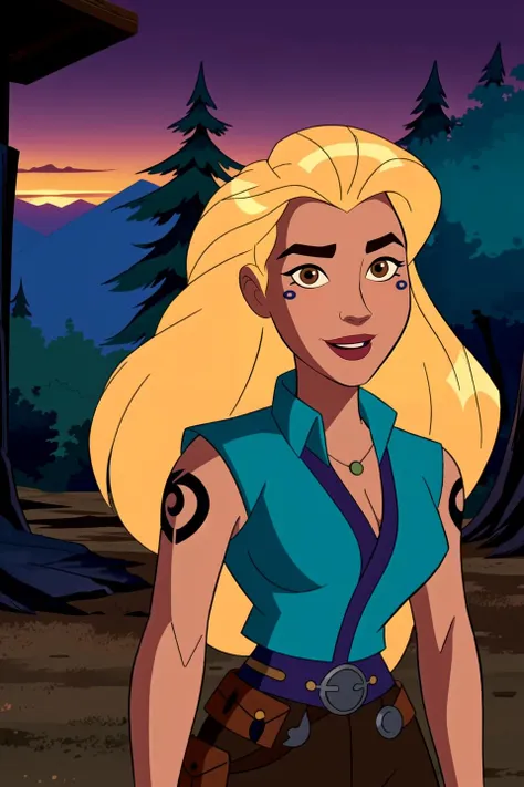 (upper body illustration:1.1) of a tanned fantasy adult female traveler, platinum blonde braided hair, fantasy forest in the background, sunset, wearing a cloak and a brown open cowboy vest, , belts and chaps, (tattoos:1.05), joyful, (detailed background), (detailed), fantasy, dnd, <lora:ben10af_offset:0.65>