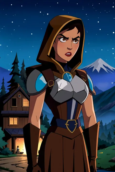 1girl, (upper body illustration:1.1) of a tanned medieval female mercenary, brunette messy hair, fantasy, outdoors, night, (dusk:0.9), night sky, stars, dark, forest, mountains, wooden building, (bucket:0.6), dirt road, in the background, wearing a hood and a brown leather armor, breastplate, gloves, bracers, gorget and skirt, (tattoos:1.05), angry, (detailed background), (detailed), fantasy, dnd, <lora:western_animation_style:0.65>
