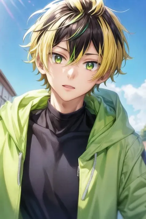 masterpiece, best quality, illustration, 1boy, solo, male focus, looking at viewer, , , <lora:gonzaburou_tashiro:0.64>, gonzaburou_tashiro, blonde hair, multicolored hair, two-tone hair, black hair, green eyes, jacket,
