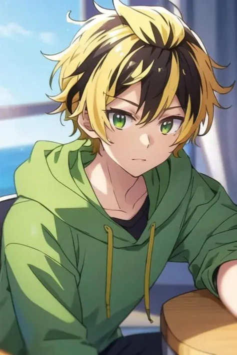 masterpiece, best quality, , 1boy, solo, male focus, looking at viewer, , depth of field, <lora:gonzaburou_tashiro:0.74>, gonzaburou_tashiro, blonde hair, multicolored hair, two-tone hair, black hair, green eyes, hoodie, hat