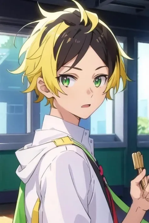 masterpiece, best quality, illustration, 1boy, solo, male focus, looking at viewer, , depth of field, <lora:gonzaburou_tashiro:0.64>, gonzaburou_tashiro, blonde hair, multicolored hair, two-tone hair, black hair, green eyes, ,