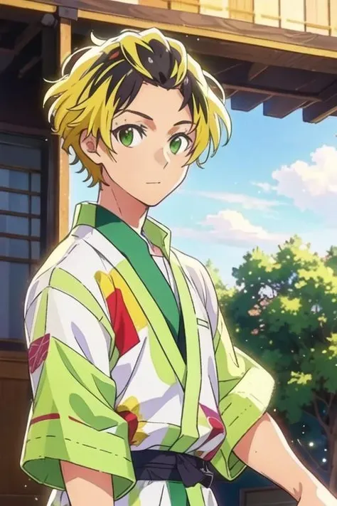 masterpiece, best quality, , 1boy, solo, male focus, looking at viewer, upper body, depth of field, <lora:gonzaburou_tashiro:0.64>, gonzaburou_tashiro, blonde hair, multicolored hair, two-tone hair, black hair, green eyes, yukata,