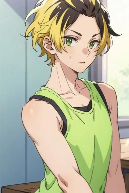 masterpiece, best quality, , 1boy, solo, male focus, looking at viewer, upper body, depth of field, <lora:gonzaburou_tashiro:0.64>, gonzaburou_tashiro, blonde hair, multicolored hair, two-tone hair, black hair, green eyes, tank top,