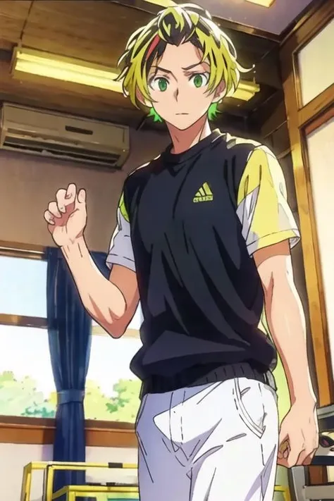 masterpiece, best quality, , 1boy, solo, male focus, looking at viewer, , depth of field, <lora:gonzaburou_tashiro:0.70>, gonzaburou_tashiro, blonde hair, multicolored hair, two-tone hair, black hair, green eyes, gym uniform,