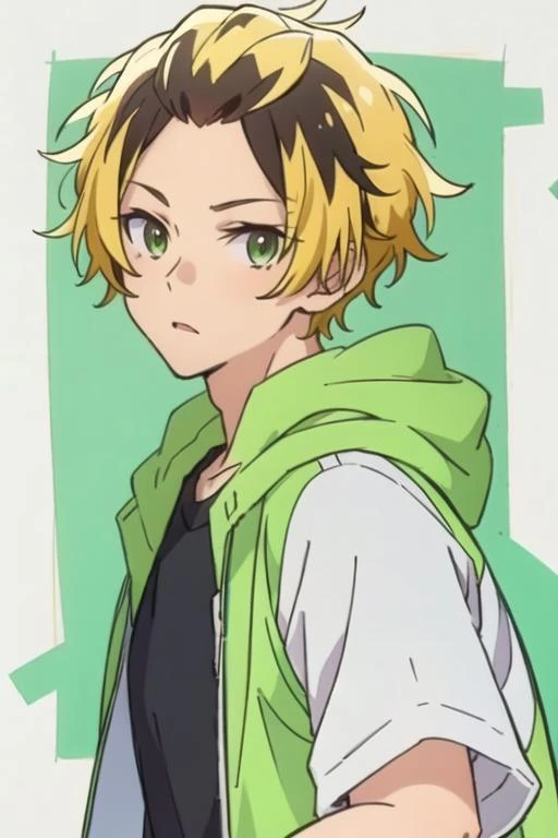 masterpiece, best quality, illustration, 1boy, solo, male focus, looking at viewer, upper body, , <lora:gonzaburou_tashiro:0.70>, gonzaburou_tashiro, blonde hair, multicolored hair, two-tone hair, black hair, green eyes, sportswear,