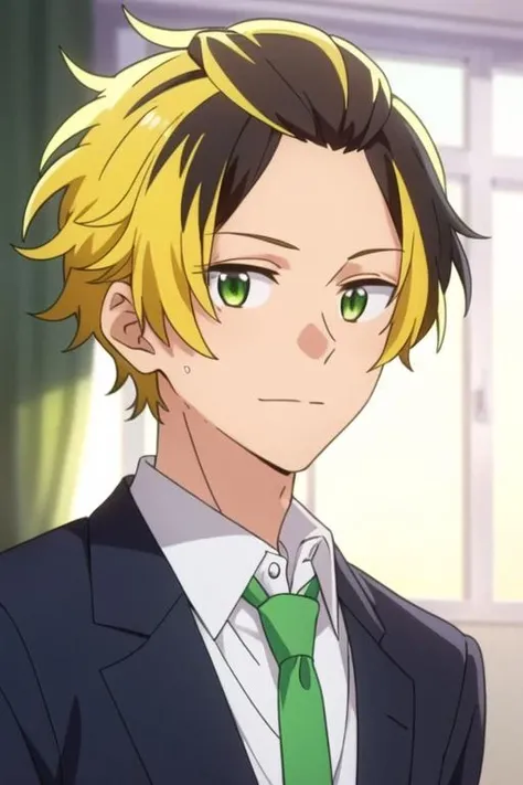 masterpiece, best quality, illustration, 1boy, solo, male focus, looking at viewer, , depth of field, <lora:gonzaburou_tashiro:0.68>, gonzaburou_tashiro, blonde hair, multicolored hair, two-tone hair, black hair, green eyes, formal, necktie, dress shirt,