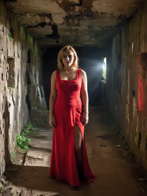 The scene shows a girl with smooth silky golden blonde hair in a red dress standing (in the inside of a derelict spaceship in a creepy atmosphere), (huge moai), (scary shadows:1.4), (claustrophobia), (intricate), (surreal), (eerie), shimmering, (selective focus:1.5), luminous,