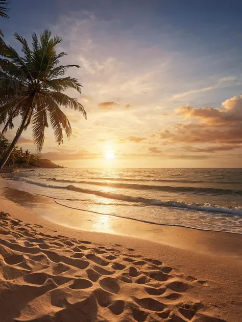 ((sea bay)), beach, palm tree, sunset, orange sky, cloud, (masterpiece),((ultra-detailed)), (highly detailed CG illustration),(expressionless), (best quality:1.2), High quality texture, intricate details, detailed texture, High quality shadow, Cinematic Light, Depth of field, light source contrast, perspective,20s,