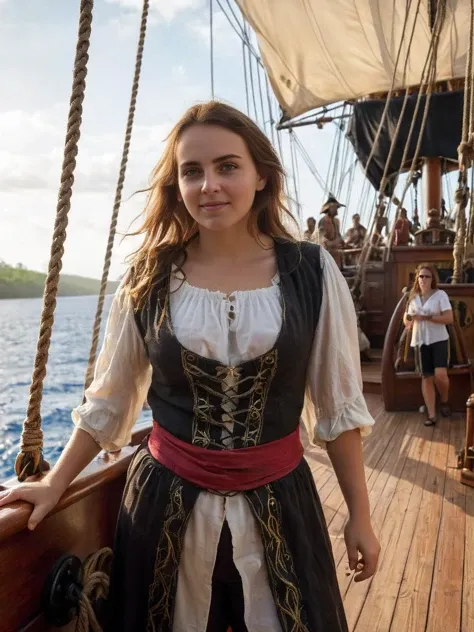 proffesional photo, close up, Pirates of the Carribean Style, fantasy, cute pirate girl stands on the deck of a huge pirate sailing ship in a Caribbean bay, beautiful long hair, old pirate clothes, jungle, mast, deck, ropes, sails, (selective focus, breathtaking:1.4), saturated colors, godrays, cinematic light, rimlight