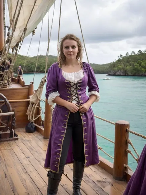 Pirates of the Carribean Style, fantasy, cute pirate girl stands on the deck of a huge pirate sailing ship in a Caribbean bay, old pirate clothes, jungle, cannon, mast, deck, ropes, sails, (selective focus, breathtaking:1.4), desaturated purple and yellow details, godrays, overcast