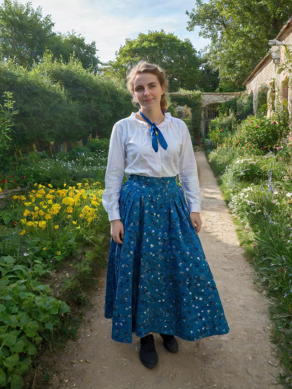 Arafed woman in a blue skirt and white shirt standing in a garden ...