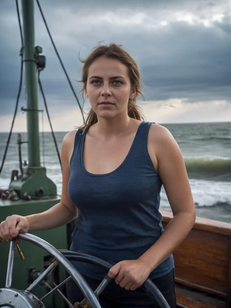 cinematic film still photography, hyperrealistic, 64k, photo of a woman on the bridge of a fishtrawler, standing a the steering wheel, long hair, ponytail, tank top, stormy weather, dangerous waves, perfect eyes, shallow depth of field, vignette, highly detailed, high budget, bokeh, cinemascope, moody, epic, gorgeous