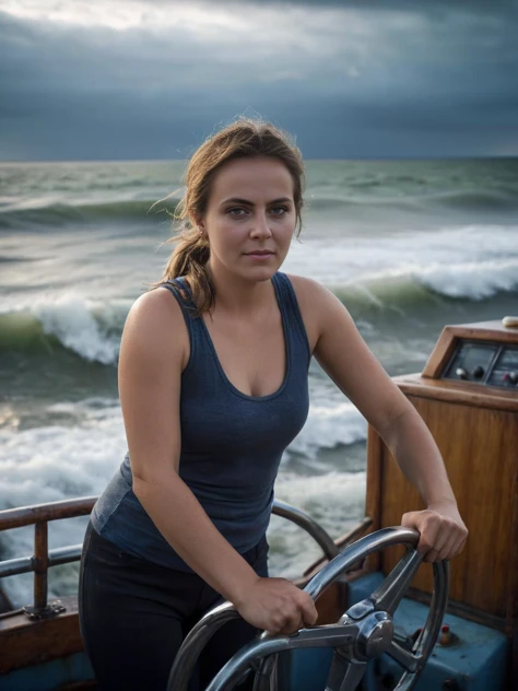 cinematic film still photography, hyperrealistic, 64k, photo of a woman on the bridge of a fishtrawler, standing a the steering wheel, long hair, ponytail, tank top, stormy weather, dangerous waves, perfect eyes, shallow depth of field, vignette, highly detailed, high budget, bokeh, cinemascope, moody, epic, gorgeous