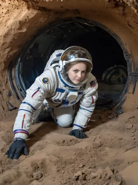 russian female astronaut crawls in a crashed spaceship, thick dust, dark fantasy, planets, nebula, complex spaceship background, wreckage parts from a spaceship, broken glass helmets, spaceship,very high quality of the image and lots of good details, picture is taken from distance,professional