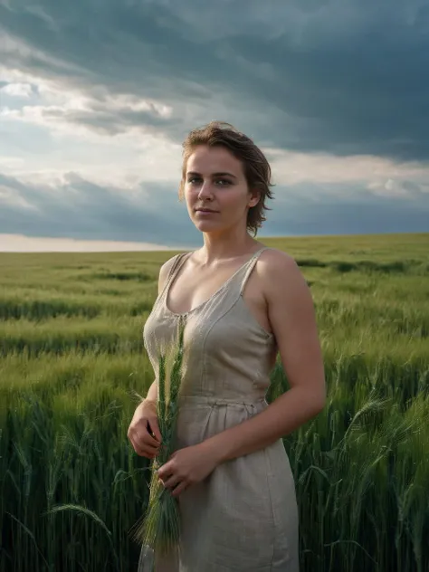 analog photo, vintage, film grain, close up portrait of young naked woman wearing strapped linen dress, green wheat field, dramatic clouds, kodachrome camera transparency film grain, dramatic lighting, ruin background, rimlight