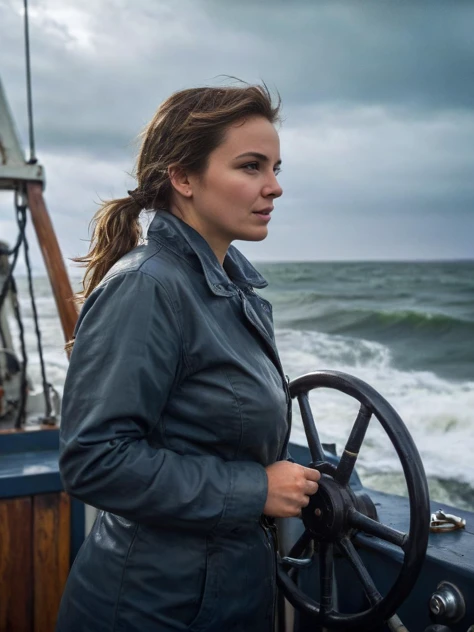 cinematic film still photography, hyperrealistic, 64k, photo of a woman on the bridge of a fishtrawler, standing a the steering wheel, long hair, ponytail, working clothes, stormy weather, dangerous waves, view from the side, perfect eyes, shallow depth of field, vignette, highly detailed, high budget, bokeh, cinemascope, moody, epic, gorgeous, film grain, grainy